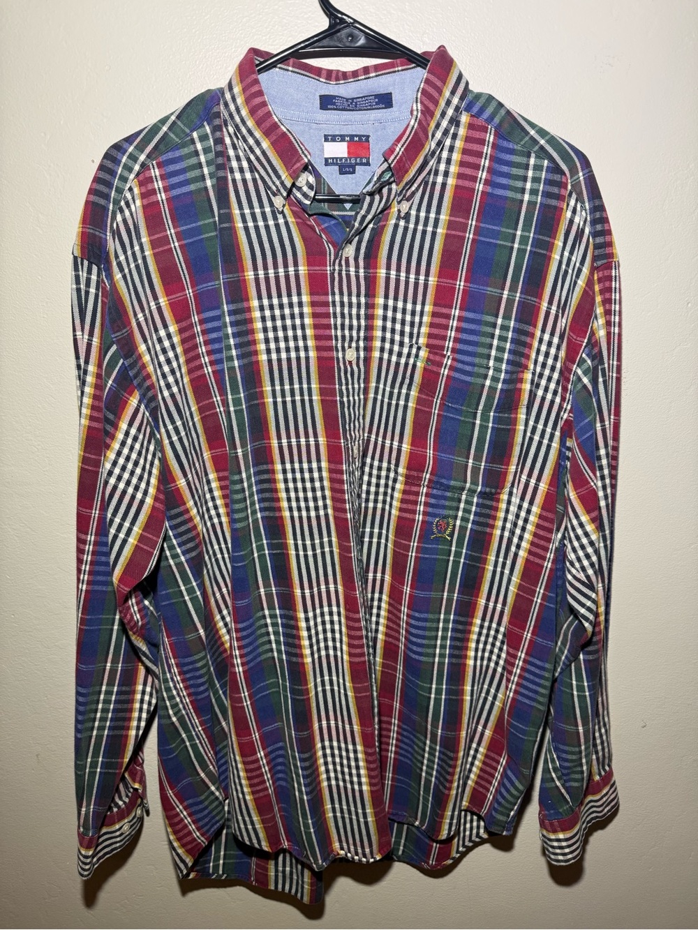 Vintage Tommy Hilfiger Men’s Red, Green & Blue Plaid Button-Down Shirt